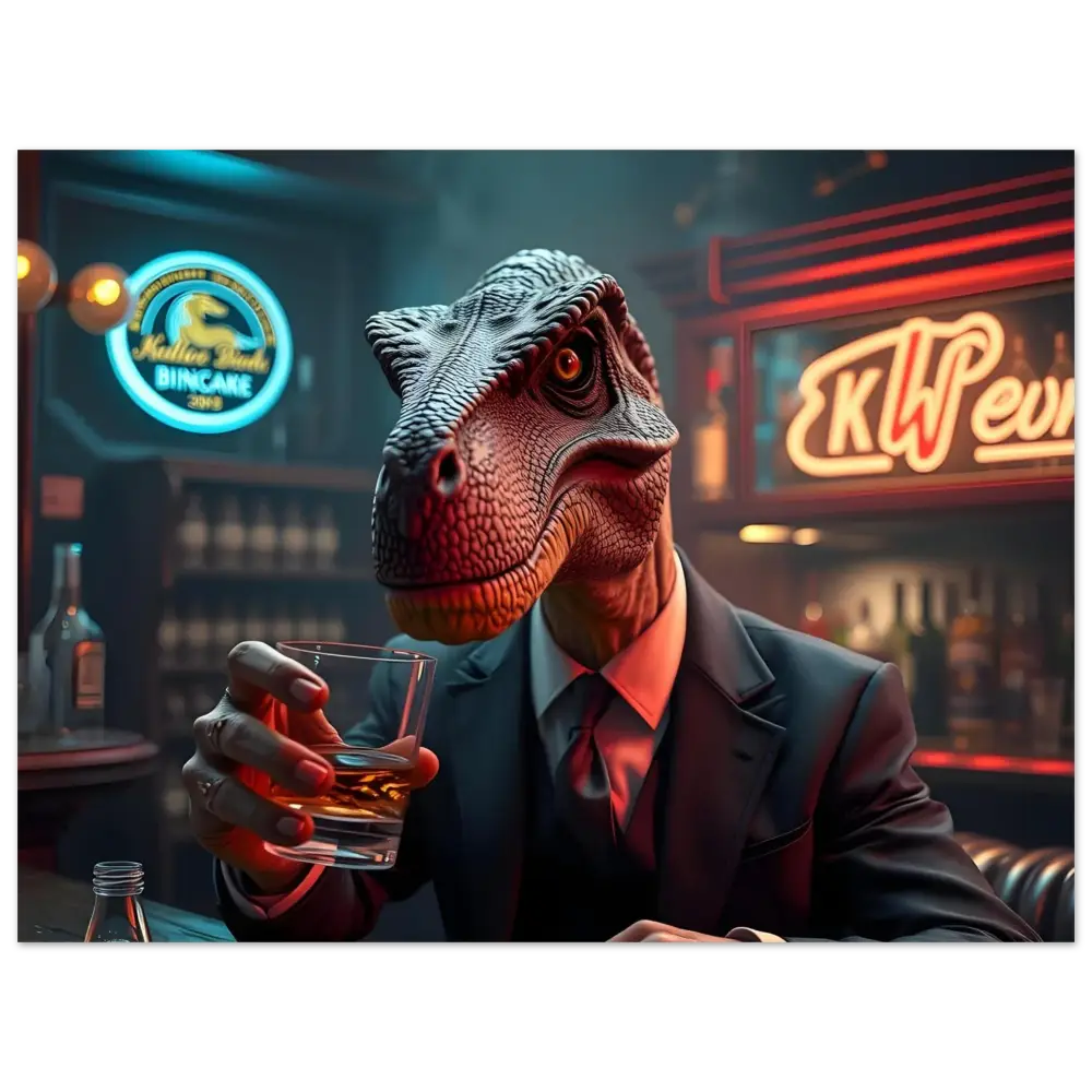 Dinosaur in a suit holding a drink displayed on Aluminum Wall Art Whiskey Raptor After Hours