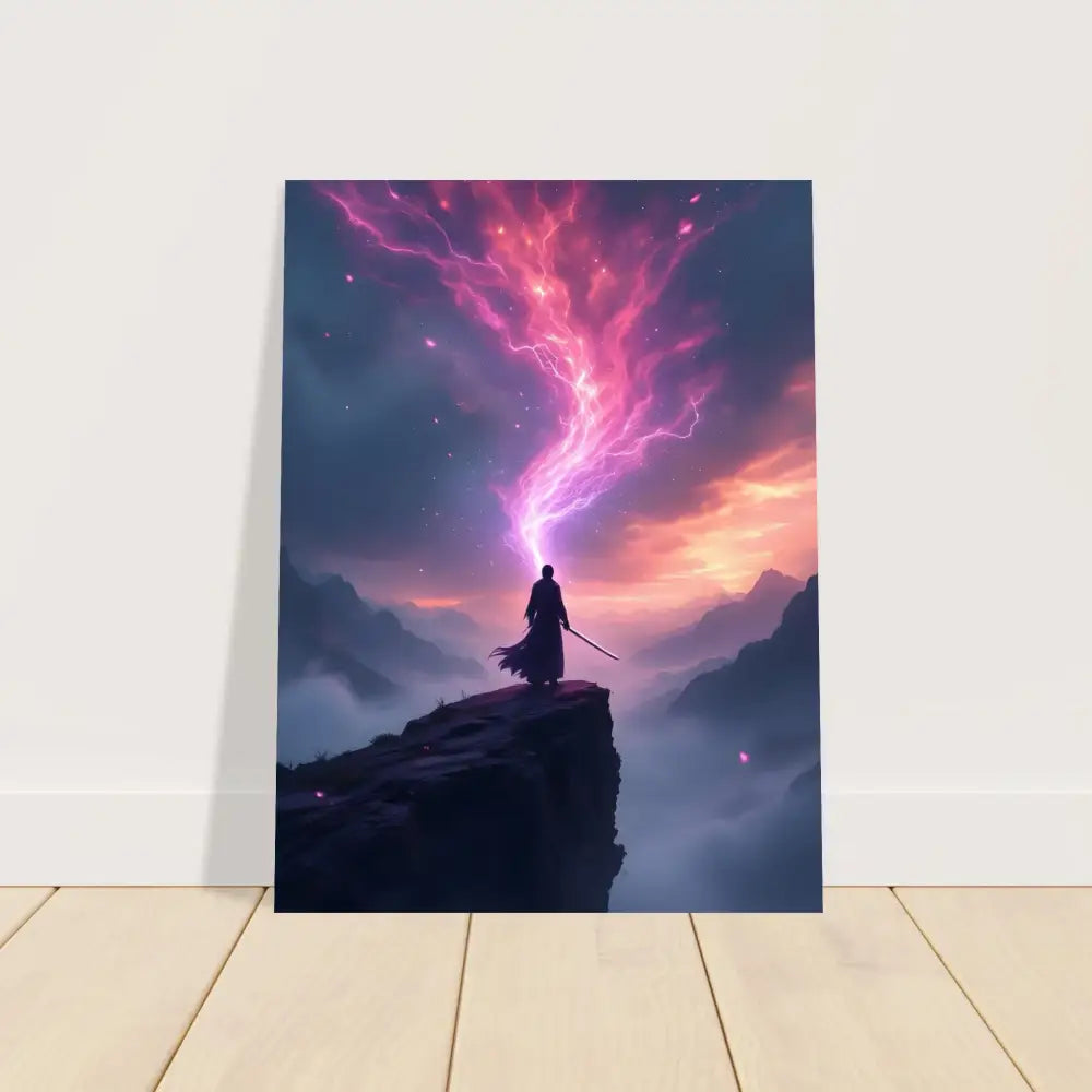 Fantasy art print featuring a cosmic warrior on the Aluminum Warrior Print – Cosmic Cliff panel