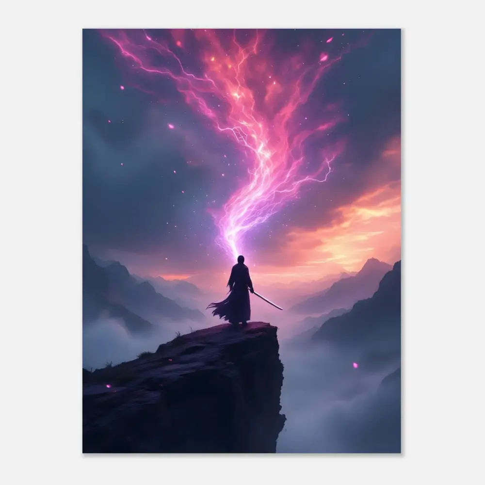 Mystical warrior wielding cosmic energy on Aluminum Warrior Print Cosmic Cliff PixiOnyx Panel