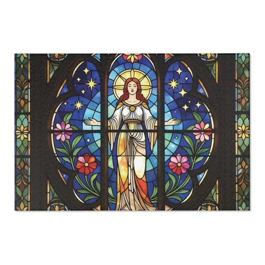Stained glass window showing a woman with outstretched arms, featured in Divine Radiance rug