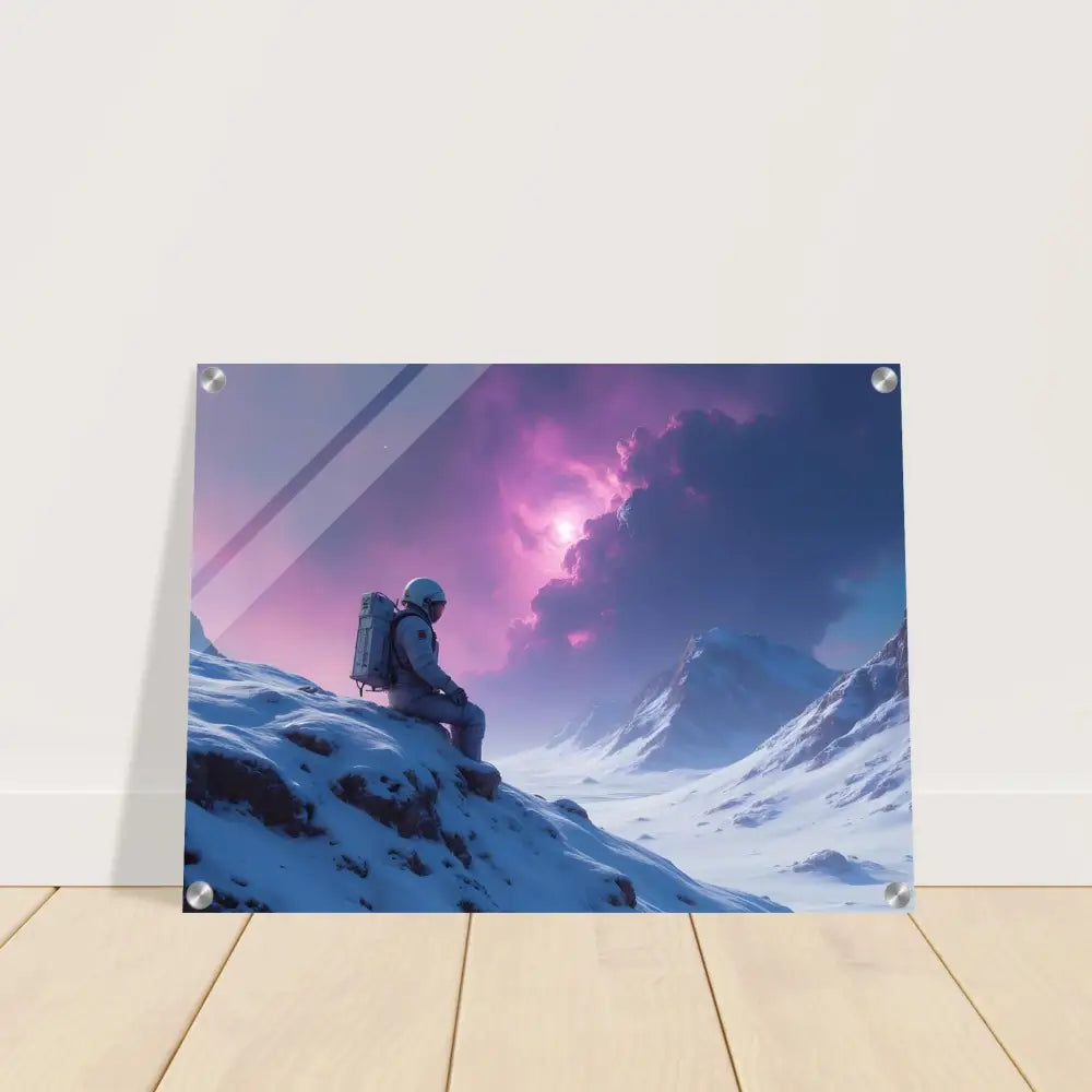 Astronaut on snowy mountain landscape art for PixiOnyx Glacial Dreamscape Acrylic Print