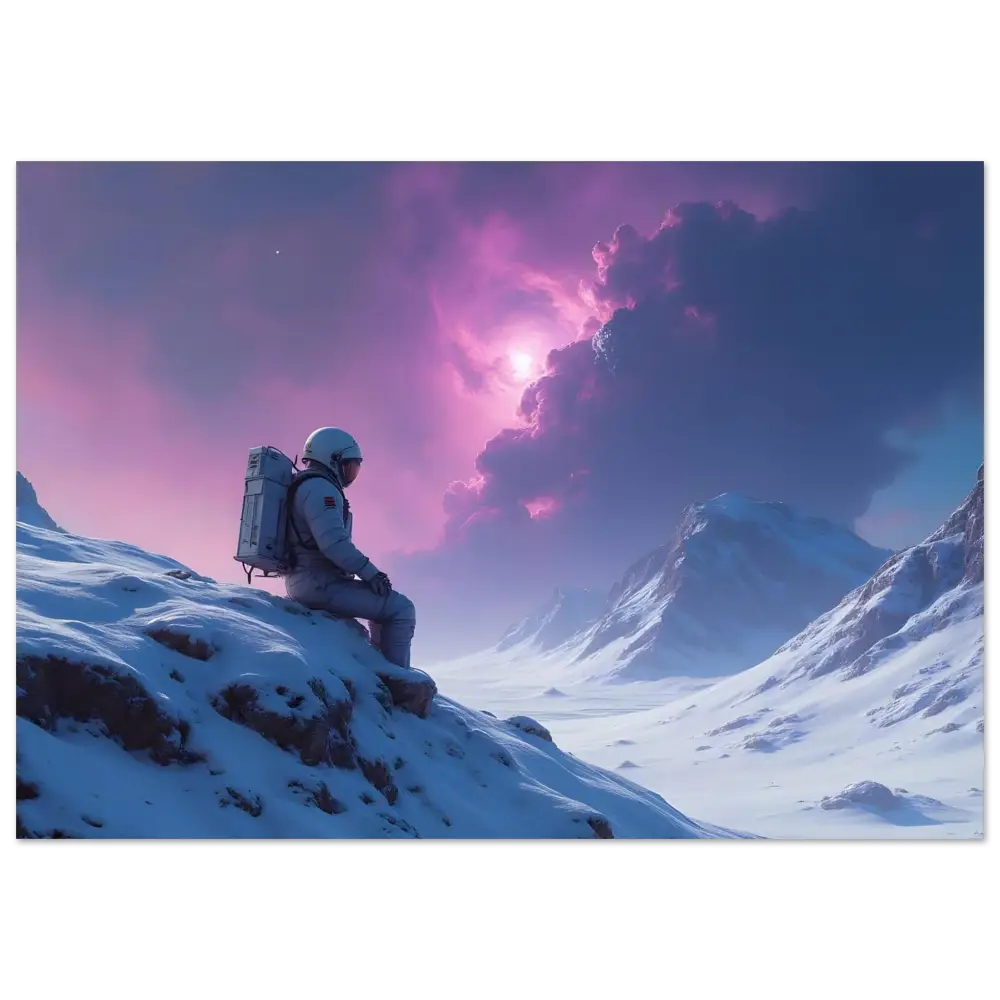 Astronaut sitting on snowy mountain print artwork for Void Solitude PixiOnyx Fine Art Poster