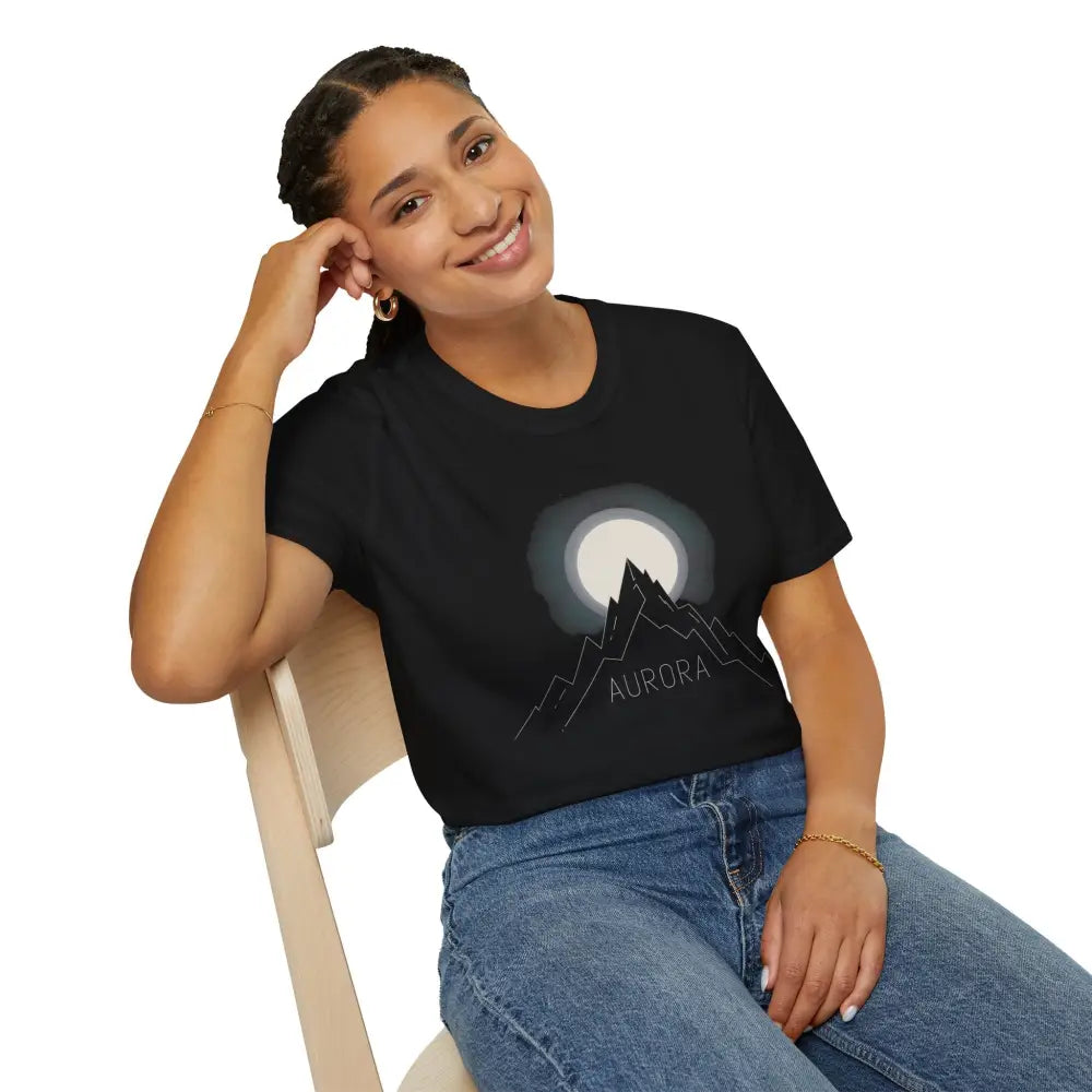 Black Aurora Mountain T-Shirt with white mountain peaks, ribbed knit collar, shoulder tape, reduces fabric waste