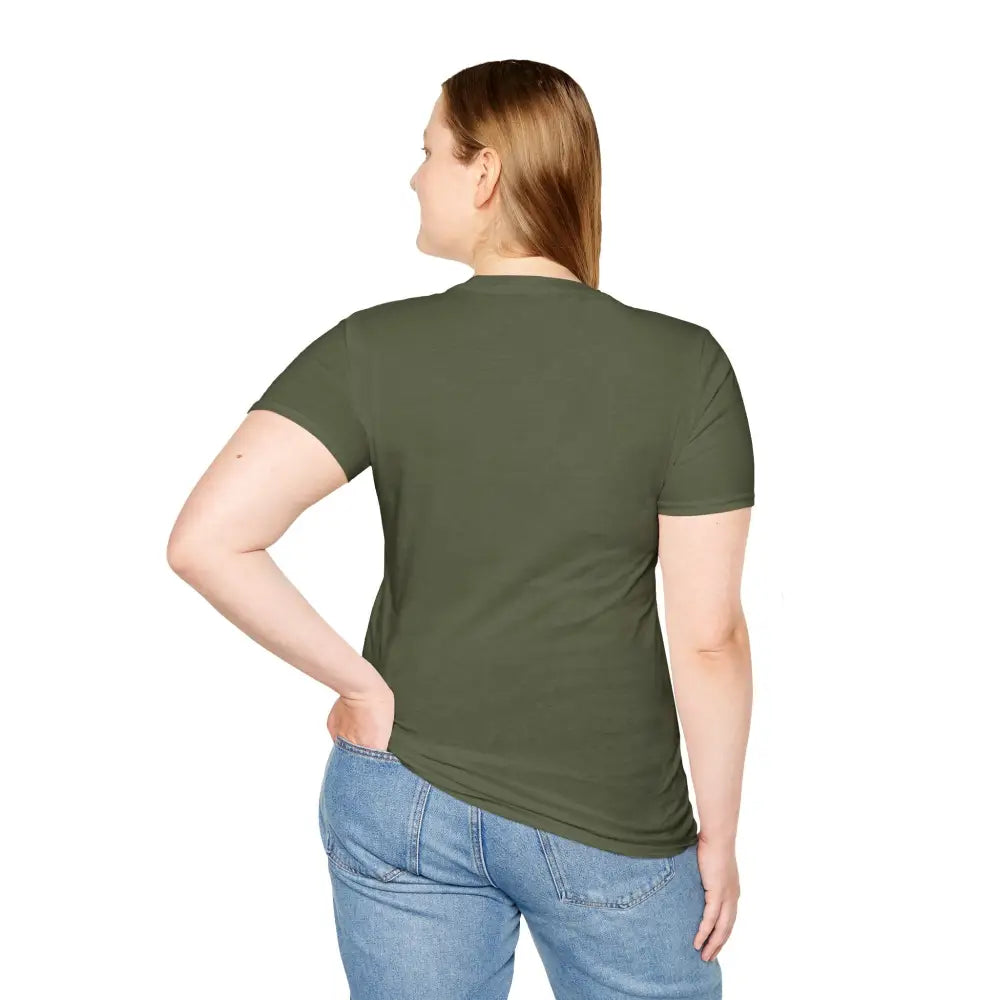 Woman wearing Aurora Mountain Unisex Softstyle T-Shirt with ribbed knit collar and shoulder tape