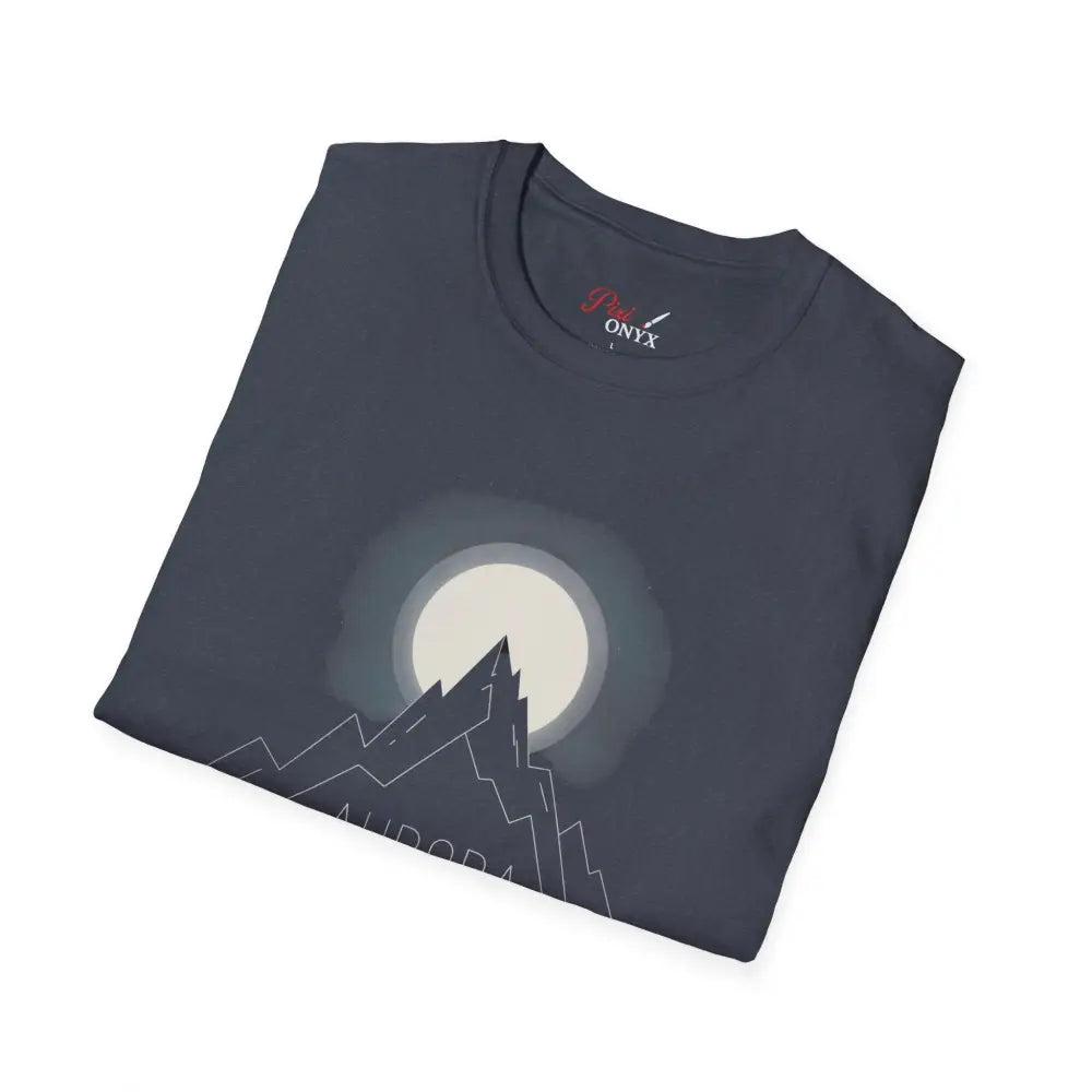 Dark gray Aurora Mountain Unisex T-Shirt with moon and mountain graphic, ribbed knit collar