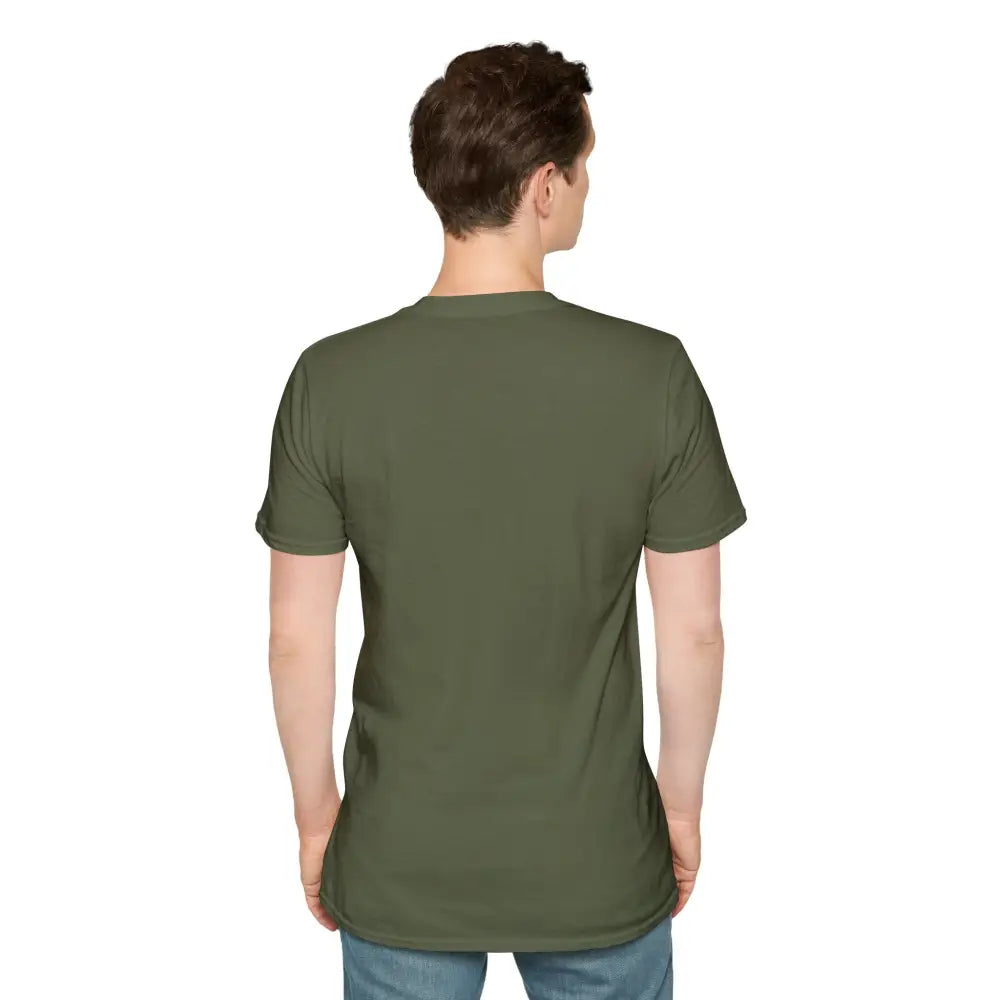 Man wearing solid olive green Aurora Mountain Unisex Softstyle T-Shirt with ribbed knit collar