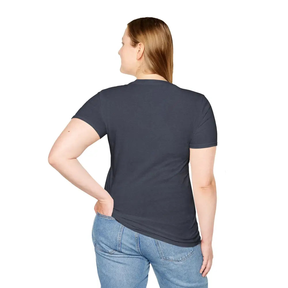 Woman in dark gray Aurora Mountain unisex T-shirt with ribbed knit collar and shoulder tape