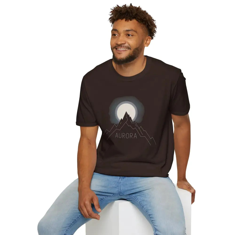 Dark brown short-sleeve crewneck T-shirt with mountain and moon graphic, ribbed knit collar
