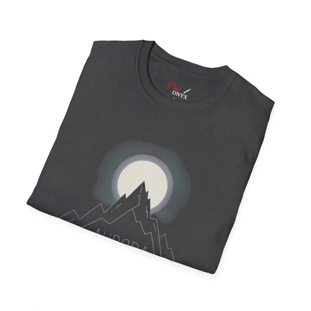 Dark grey Aurora Mountain Unisex Softstyle T-Shirt with moon and mountain graphic, ribbed knit collar, shoulder tape stabilizes, eco-friendly design