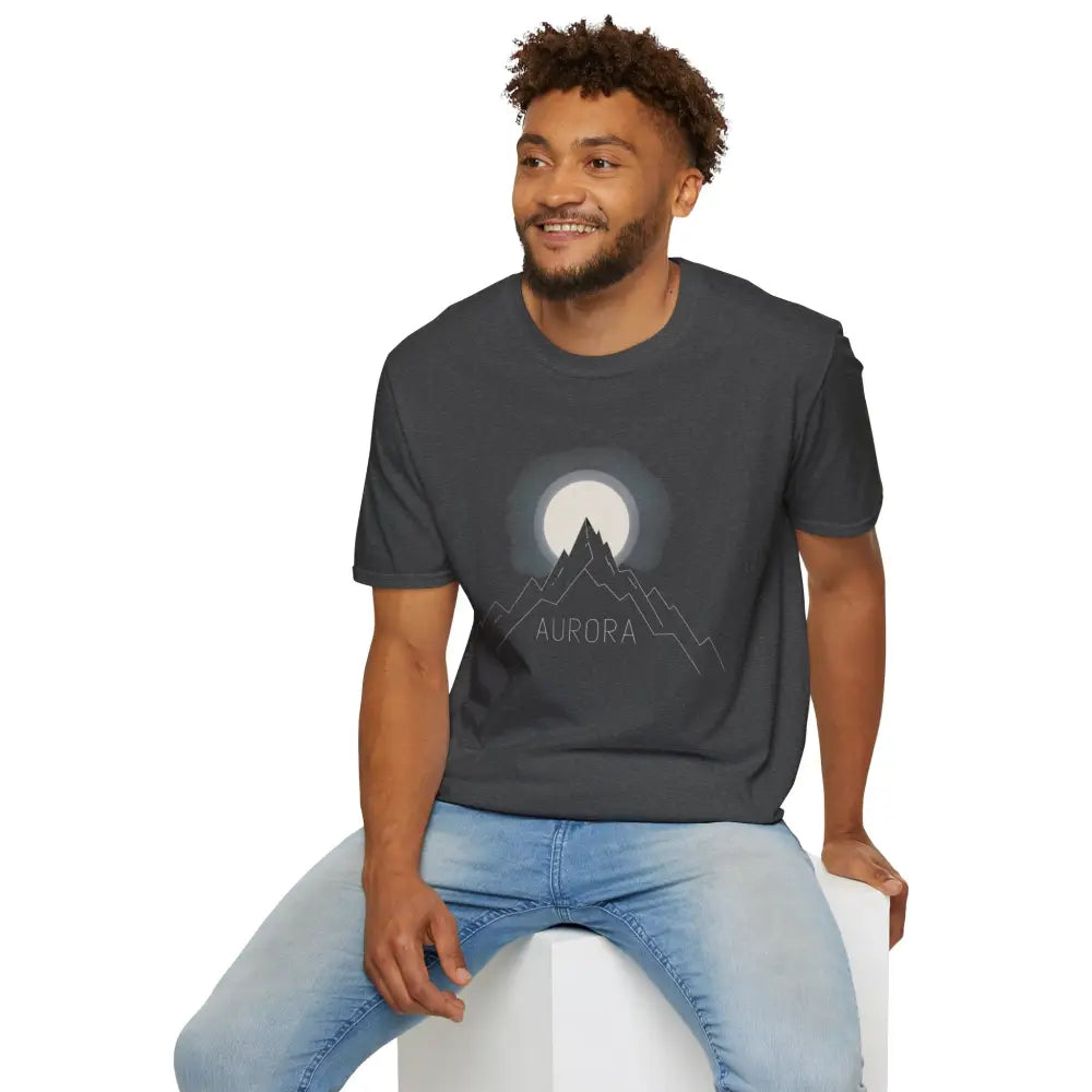 Men’s dark gray Aurora Mountain T-Shirt with mountain and moon design, ribbed knit collar