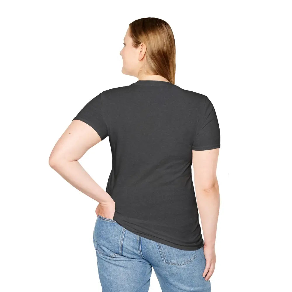 Back of a woman in dark gray Aurora Mountain T-Shirt with ribbed knit collar and shoulder tape