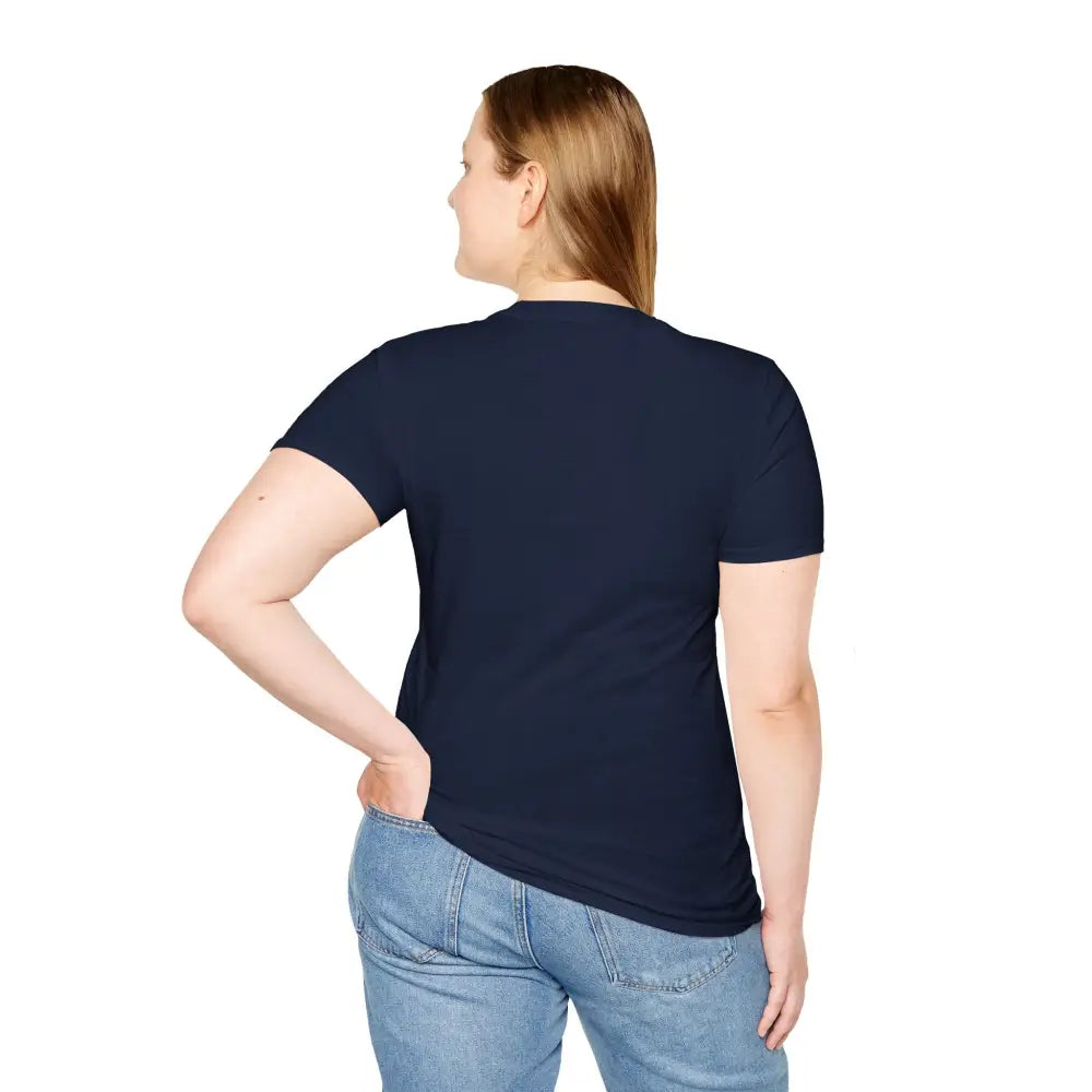 Dark navy blue crew-neck T-shirt with ribbed knit collar and shoulder tape stabilizes