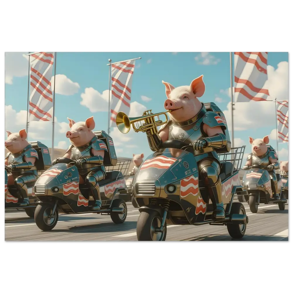 Patriotic pig parade depicted on Bacon Battalion Aluminum Print by PixiOnyx Gloss Parade Panel