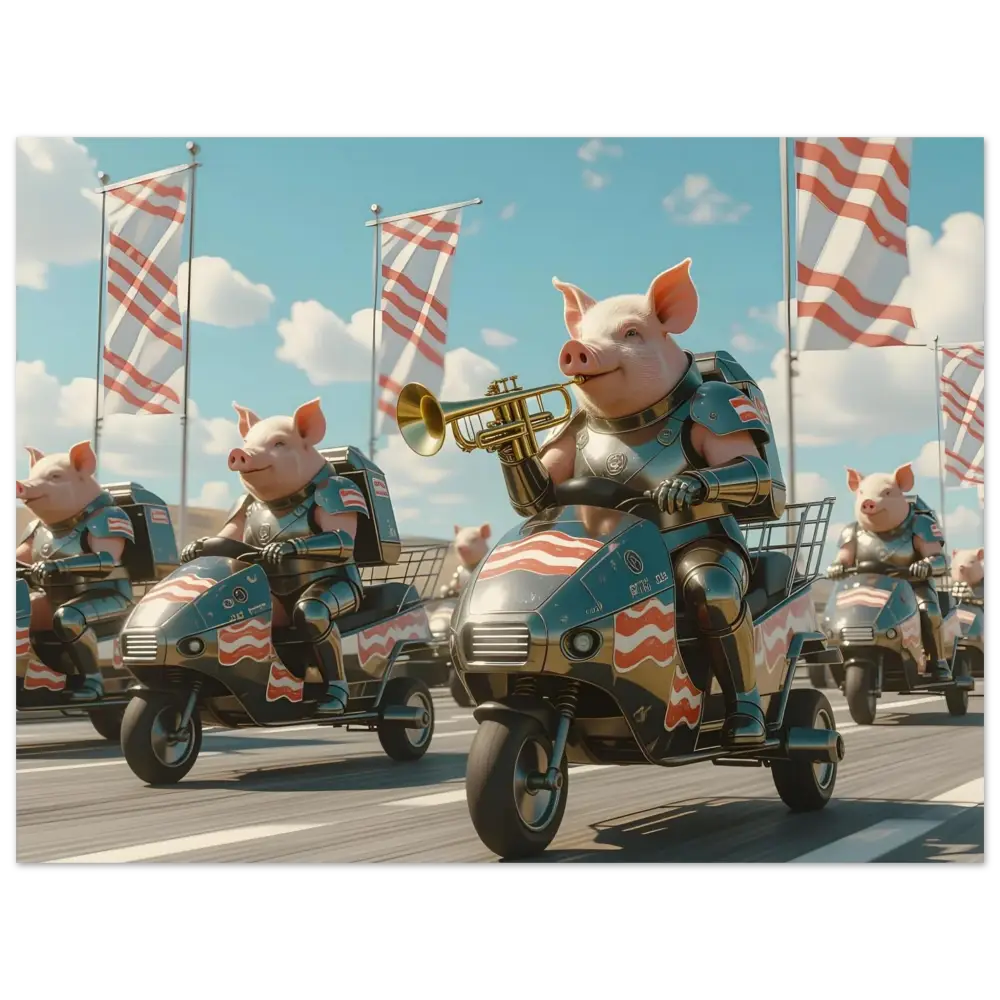 Patriotic pig parade displayed on Bacon Battalion Aluminum Print by PixiOnyx Gloss Parade Panel