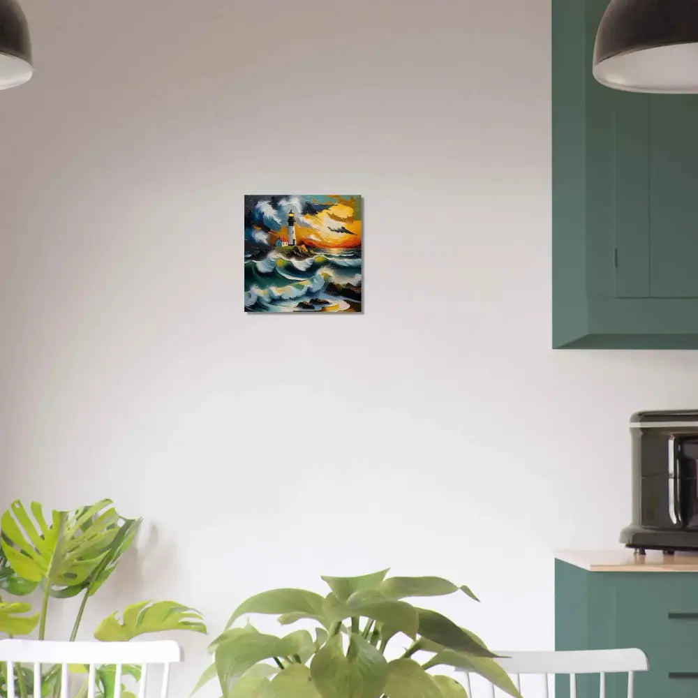 Vibrant oil painting of a powerful lighthouse rises in stormy seas sunset fine art poster