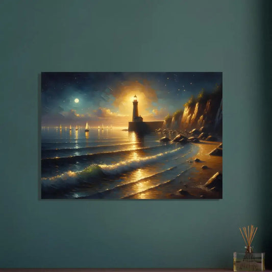 Lighthouse seascape painting on a tranquil coastline print in PixiOnyx Fine Art Poster