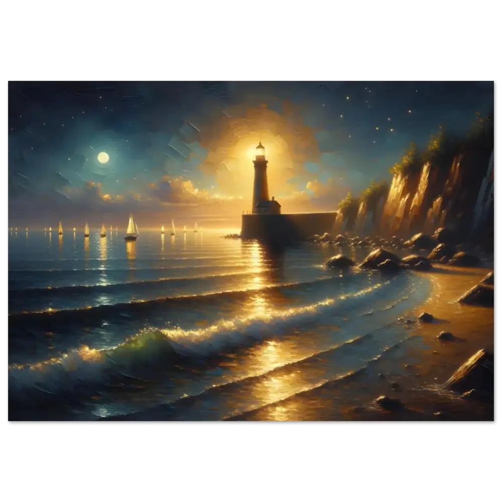 Illuminated coastal lighthouse at night on tranquil painterly coastline print