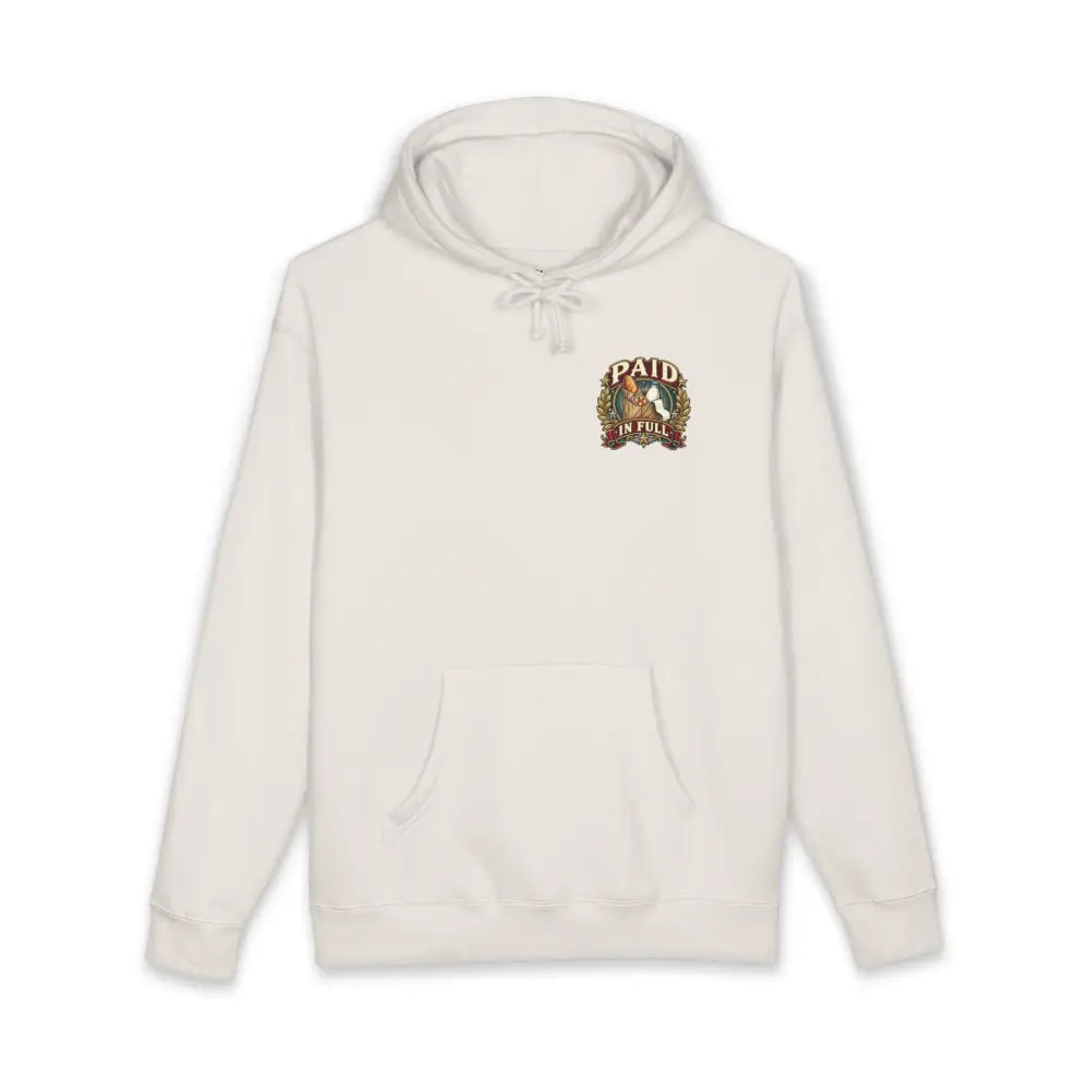 Cream-colored fleece-lined big spender bought groceries hoodie with small paid in full logo and harp embroidery on chest