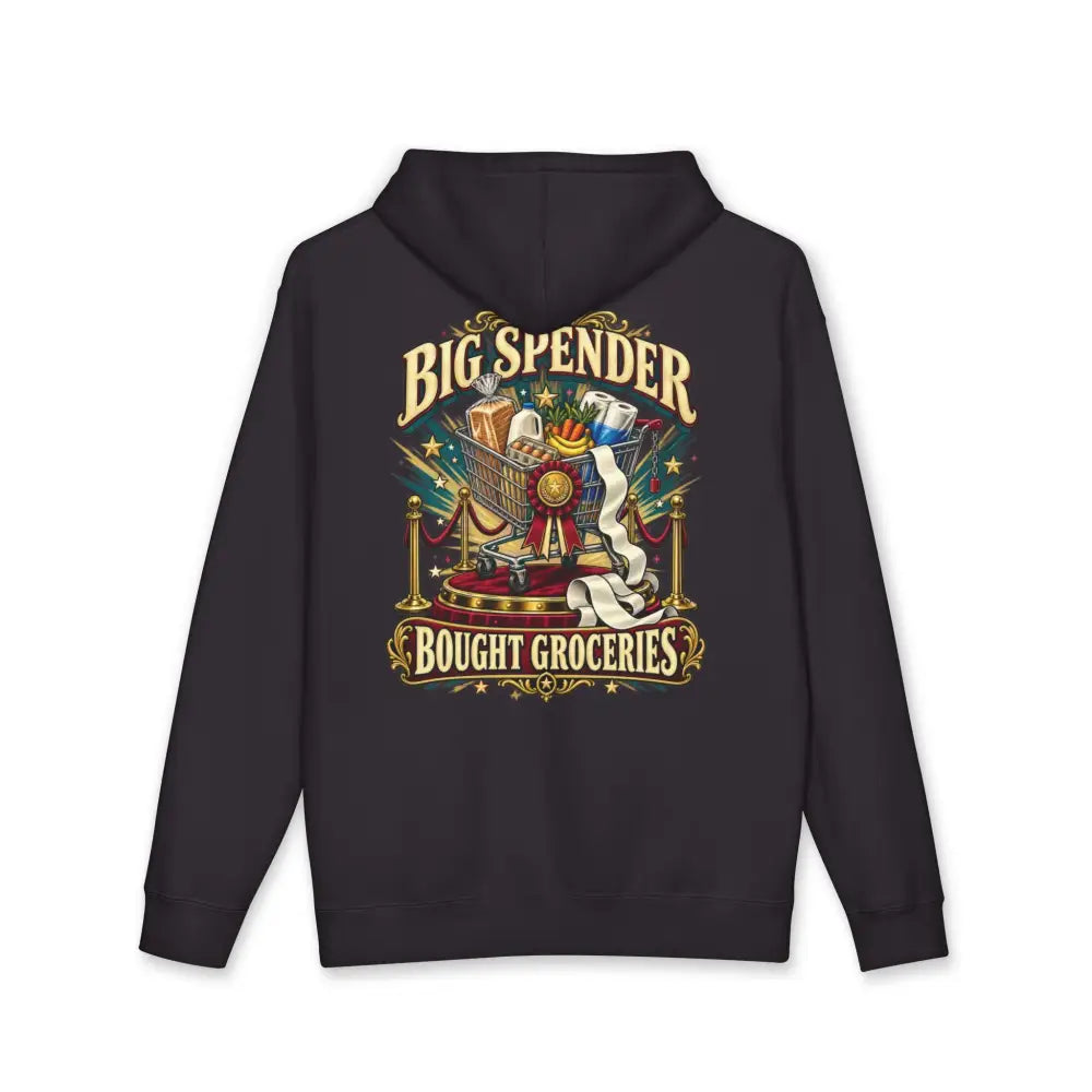 Black fleece-lined unisex hoodie with a vintage big spender bought groceries graphic and shopping cart design