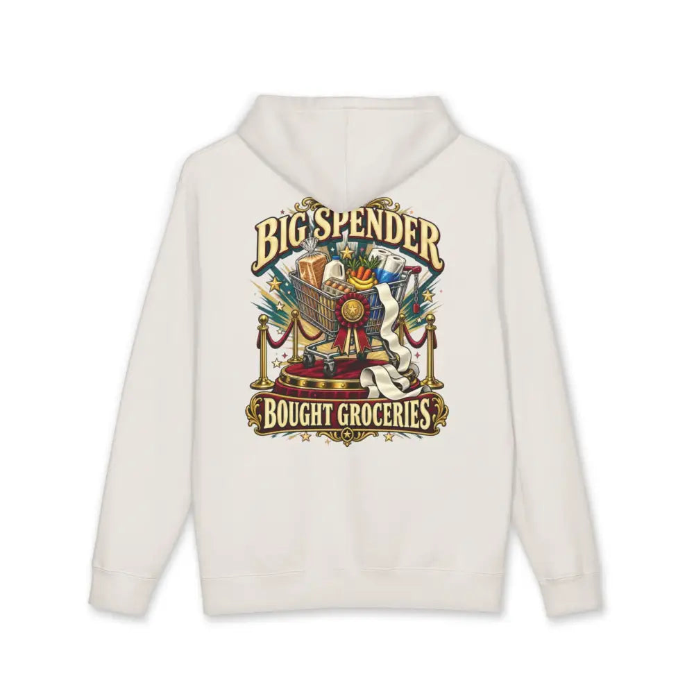 Off-white fleece-lined hooded sweatshirt with colorful vintage big spender bought groceries graphic and shopping cart design
