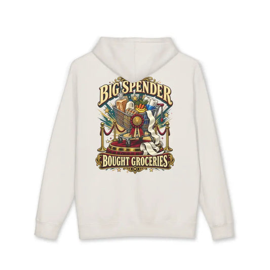 Off-white fleece-lined hooded sweatshirt with colorful vintage big spender bought groceries graphic and shopping cart design