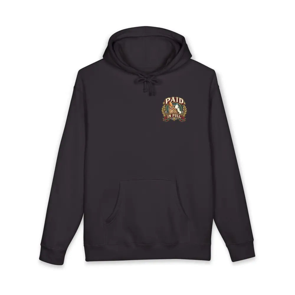 Black hoodie with paid in full graphic on chest featuring fleece-lined hood in spender bought groceries design