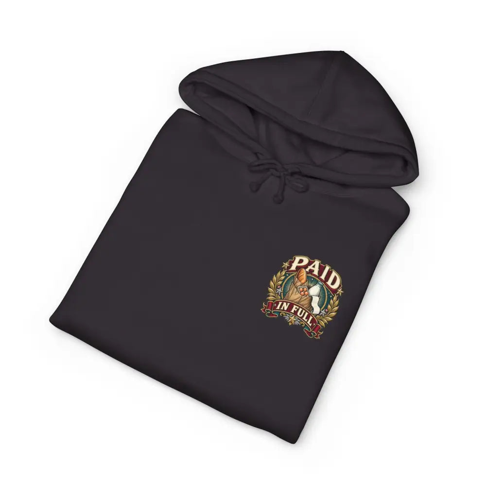 Black unisex fleece-lined hoodie with colorful paid in full graphic perfect for spender bought groceries fans