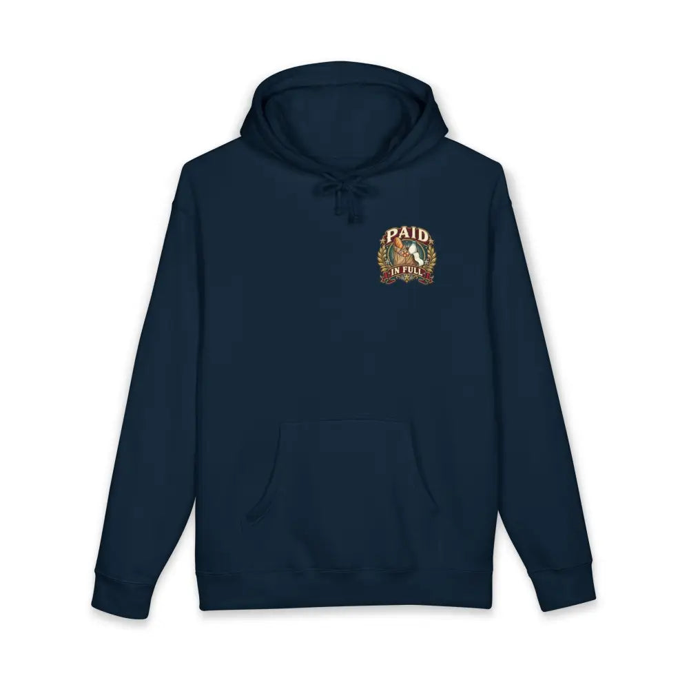 Dark navy blue fleece-lined big spender bought groceries unisex hoodie with paid in full embroidered patch and horse design