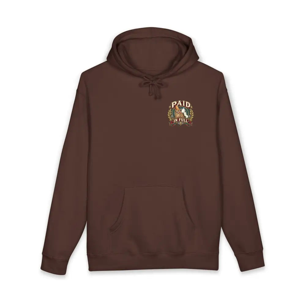Brown unisex fleece-lined hoodie with paid in full graphic on chest for spender bought groceries use