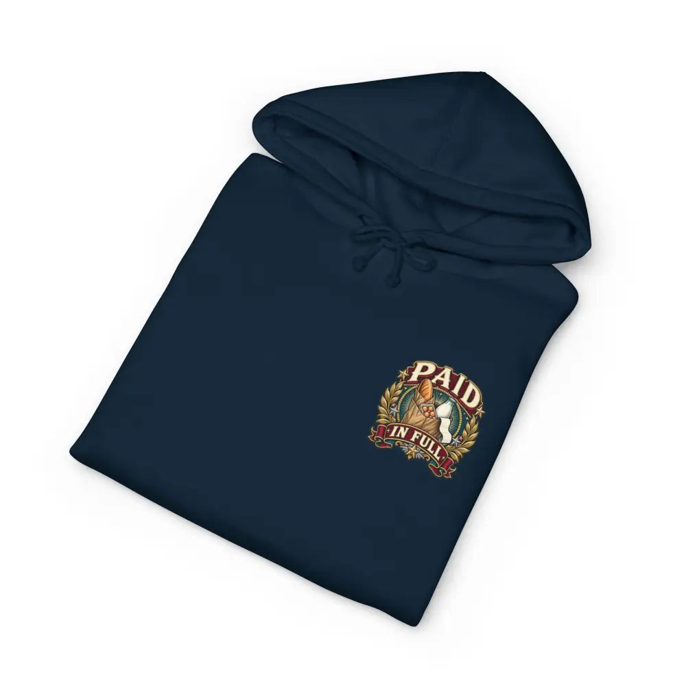Navy blue fleece-lined big spender bought groceries hoodie with embroidered paid in full logo and laurel wreaths
