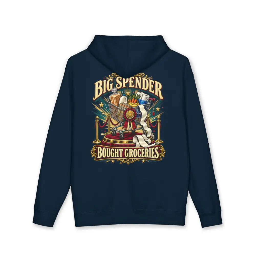 Navy blue fleece-lined unisex hoodie with big spender bought groceries graphic and shopping cart design