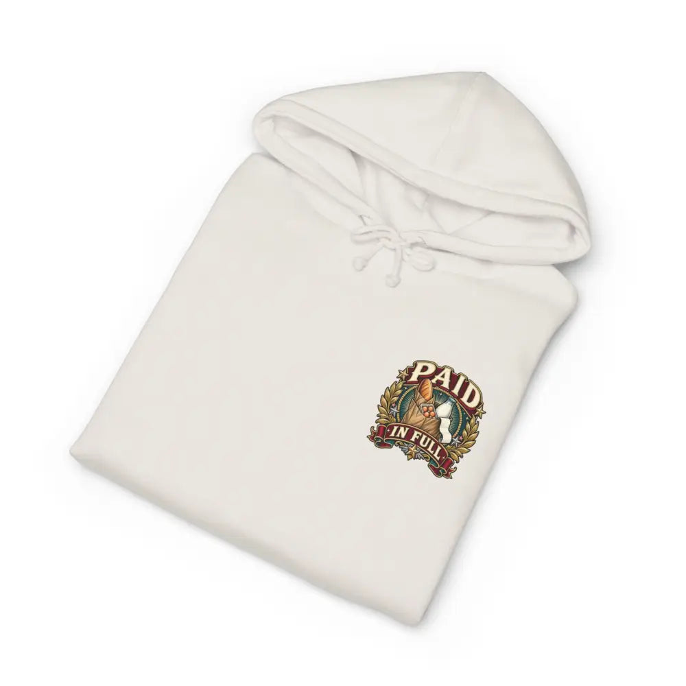 Off-white fleece-lined hooded sweatshirt with embroidered paid in full patch and hand holding money for spender bought groceries