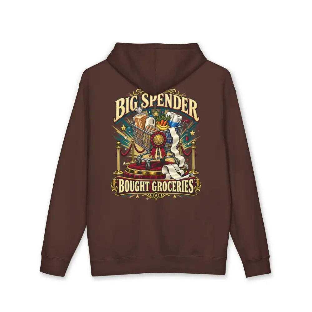 Brown fleece-lined unisex hoodie with big spender graphic and spender bought groceries vintage shopping cart design