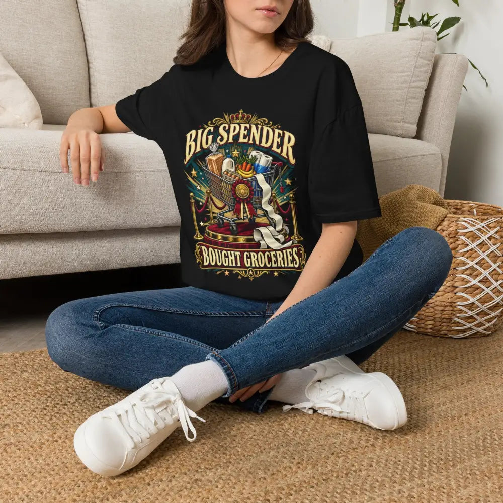 Black oversized unisex t-shirt with colorful big spender graphic and gold lettering made from tubular knit with shoulder tape