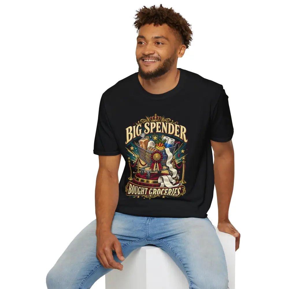 Black cotton unisex t-shirt with tubular knit, shoulder tape, low heat graphic of a throne with groceries and big spender text