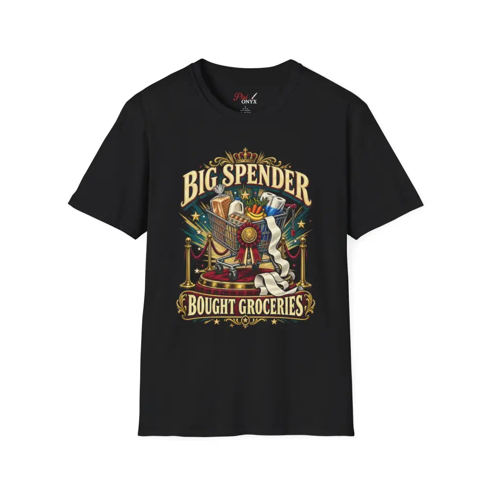 Black cotton big spender bought groceries unisex t-shirt with vibrant shopping cart graphic low heat tubular knit shoulder tape
