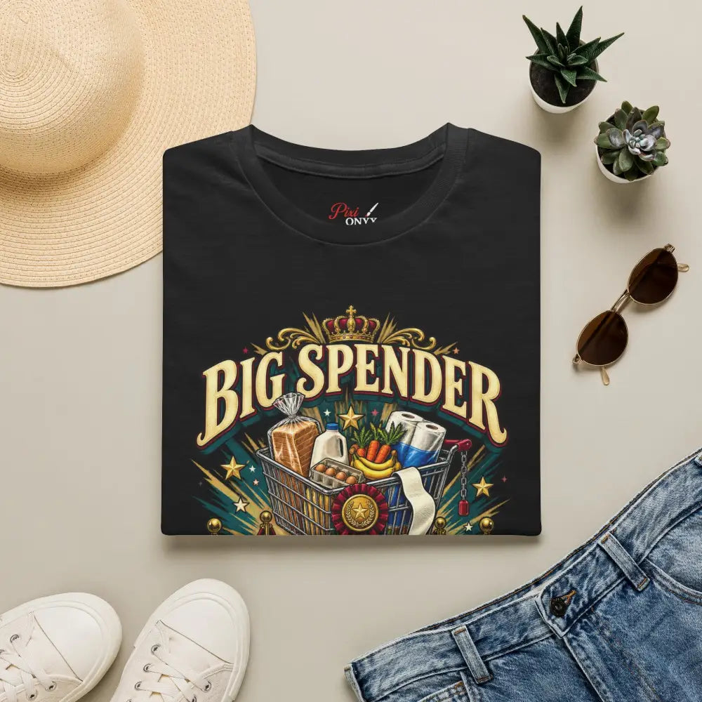 Black cotton big spender bought groceries unisex t-shirt with colorful graphic, gold lettering, tubular knit, shoulder tape, low heat care