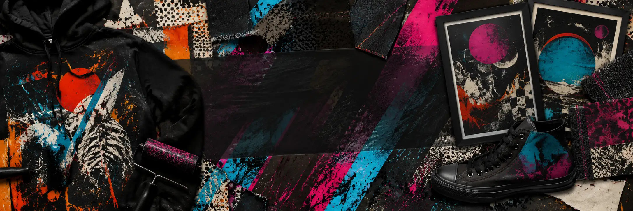 Black high-top sneaker with vibrant cosmic paint splatter design