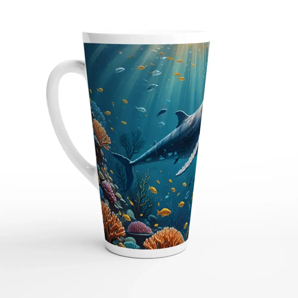 Blue Whale Latte Mug with whale-themed design on tall 17oz ceramic mug from PixiOnyx