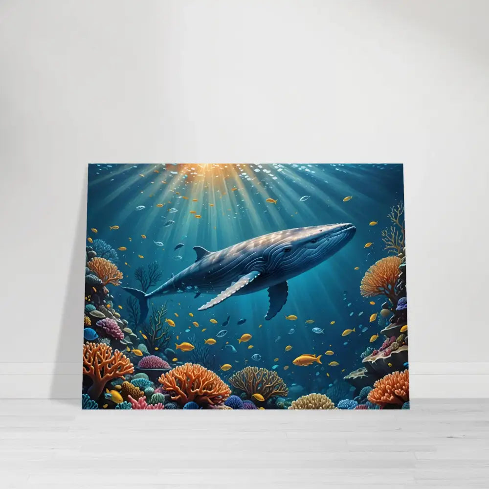 Blue Whale Metal Print depicting a whale swimming in colorful coral reef display