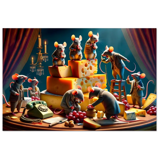 Anthropomorphic mice with cheese on the Boardroom Brie-down Aluminum Print by PixiOnyx