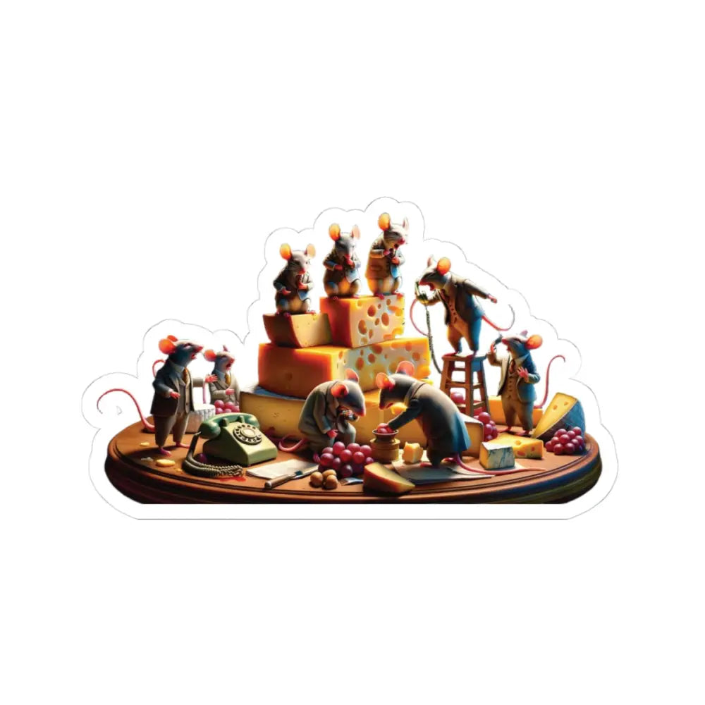 Anthropomorphic mice on a cheese platter featured on Boardroom Brie-Down Sticker