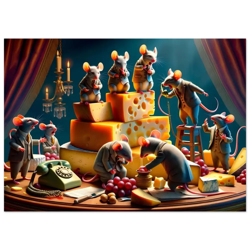 Anthropomorphic mice with cheese on the Boardroom Brie-down Poster by PixiOnyx