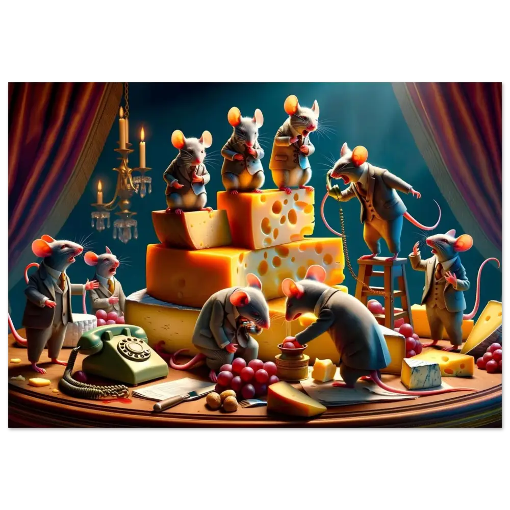 Anthropomorphic mice enjoying cheese depicted in PixiOnyx Boardroom Brie-down Poster