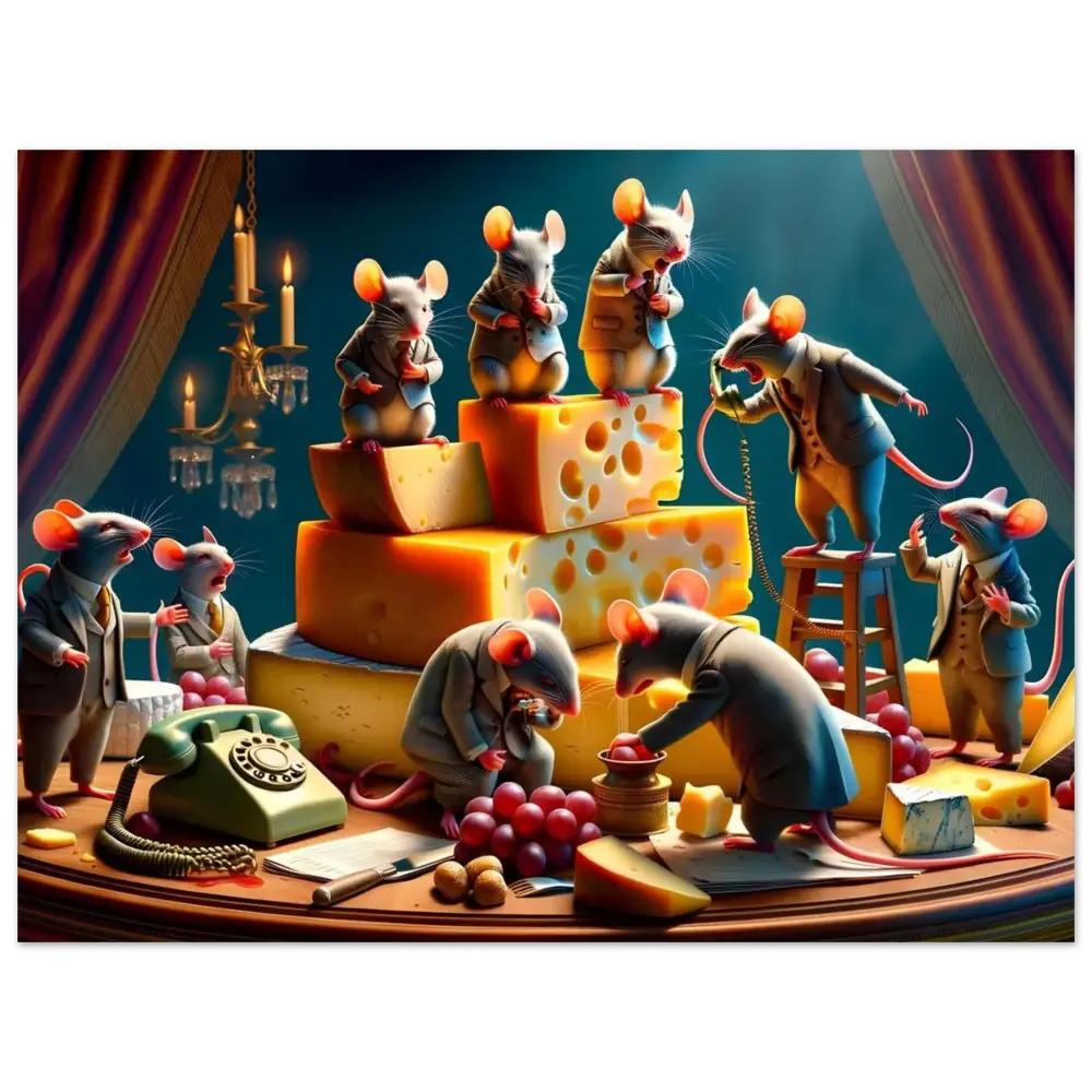 Anthropomorphic mice gathered on a large cheese piece for Council of Cheese Wall Art