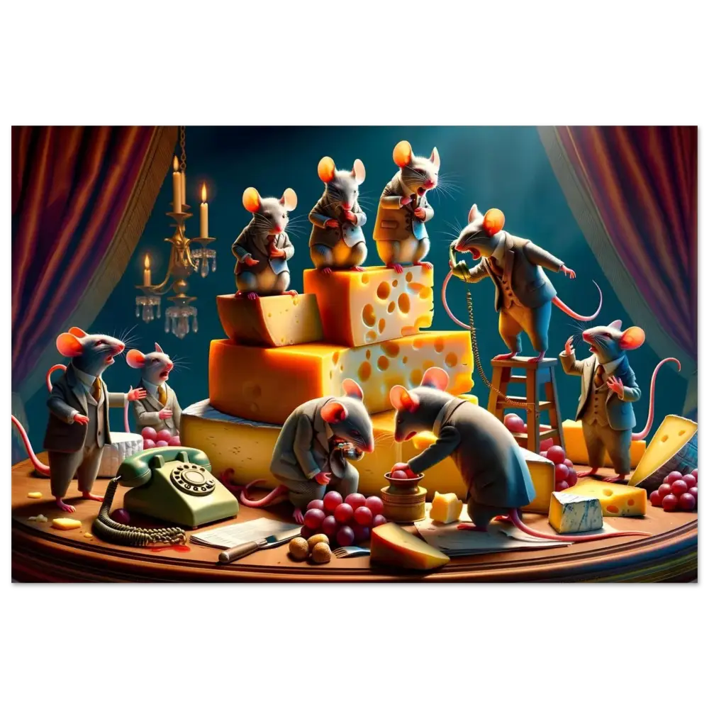Anthropomorphic mice enjoying cheese art from Boardroom Brie-down Poster by PixiOnyx