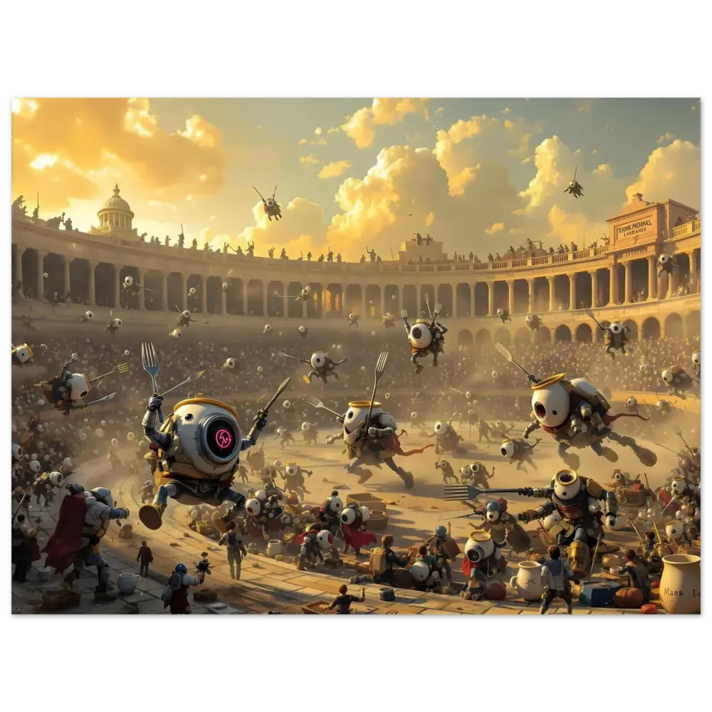 Robotic food fight illustration on Breakfast Bots Poster Coliseum Clash by PixiOnyx