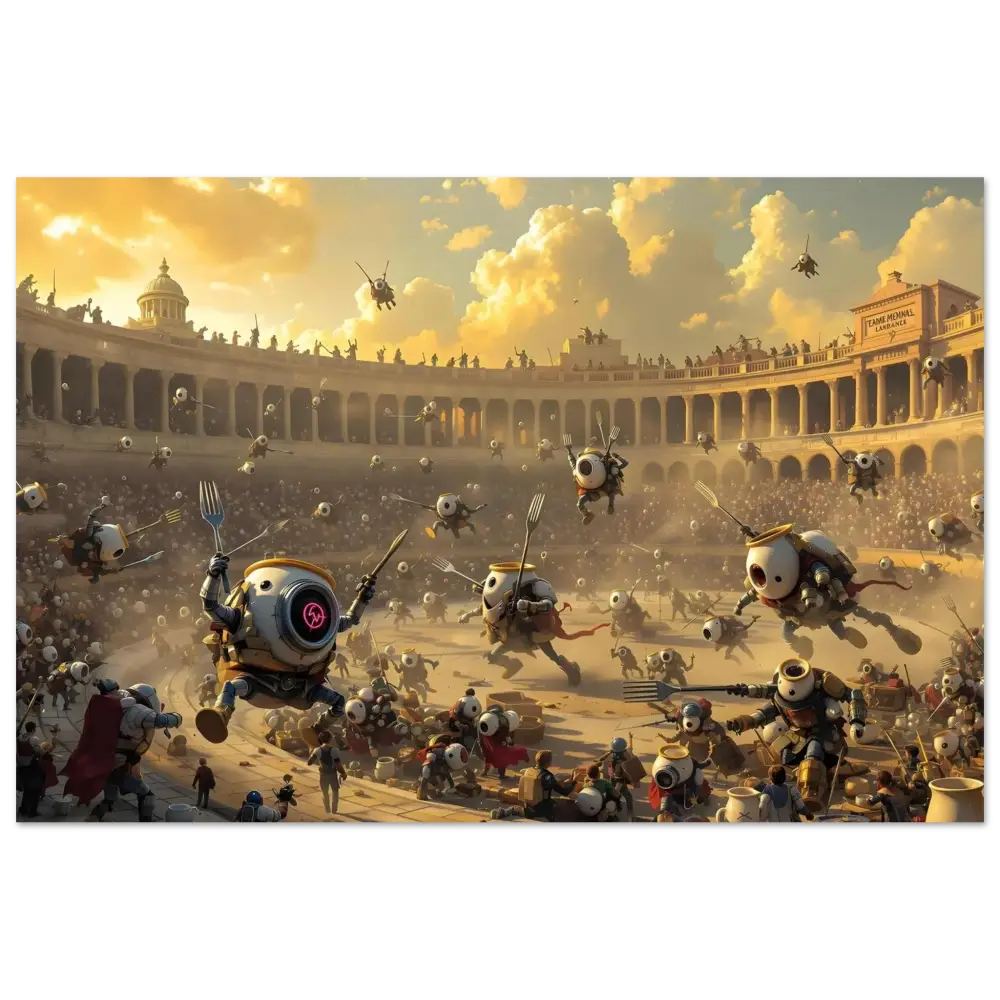 Robotic eye gladiators battling in an arena for the Breakfast Bots Poster Coliseum Clash