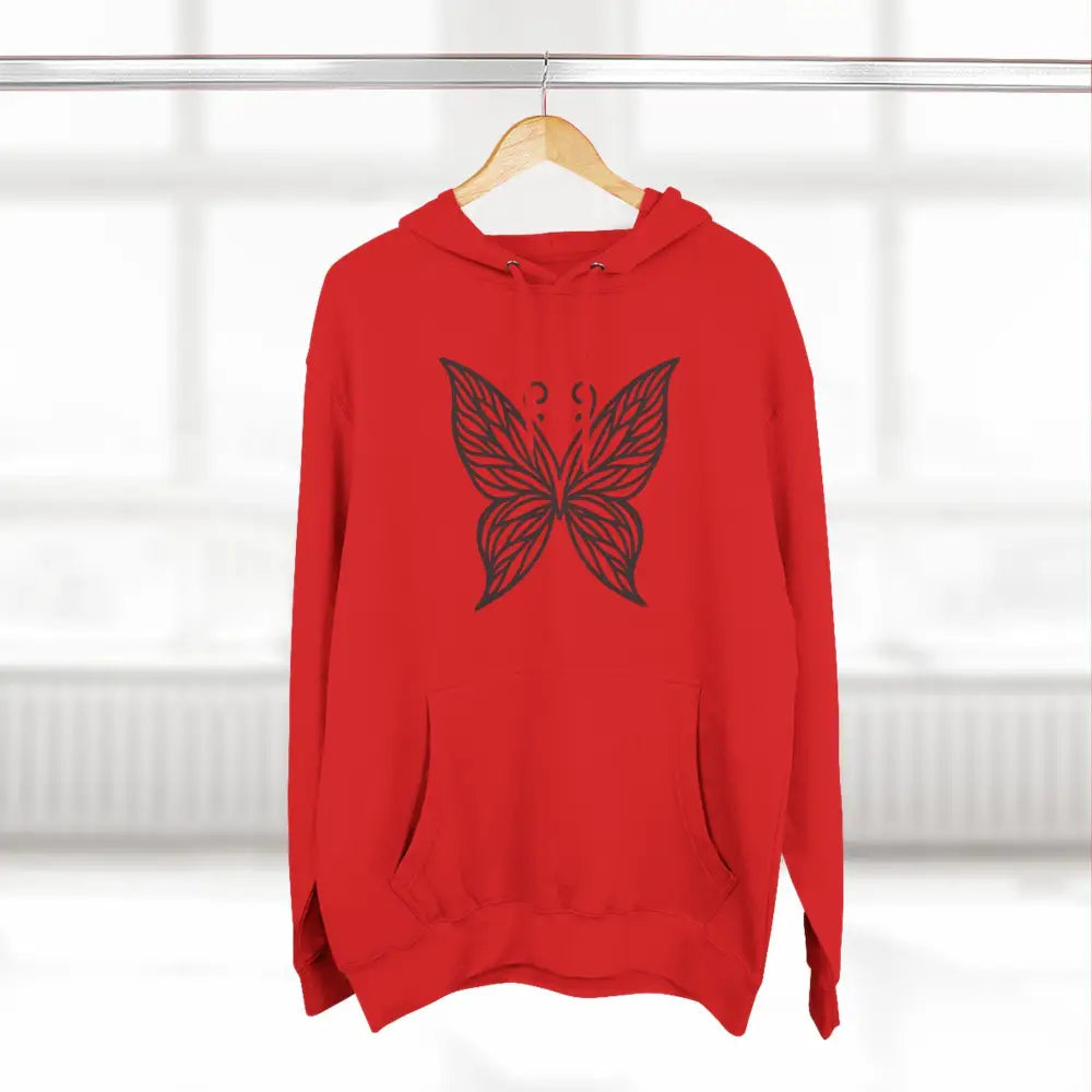 Red fleece hoodie with dark brown butterfly design, perfect for fall fashion and casual wear
