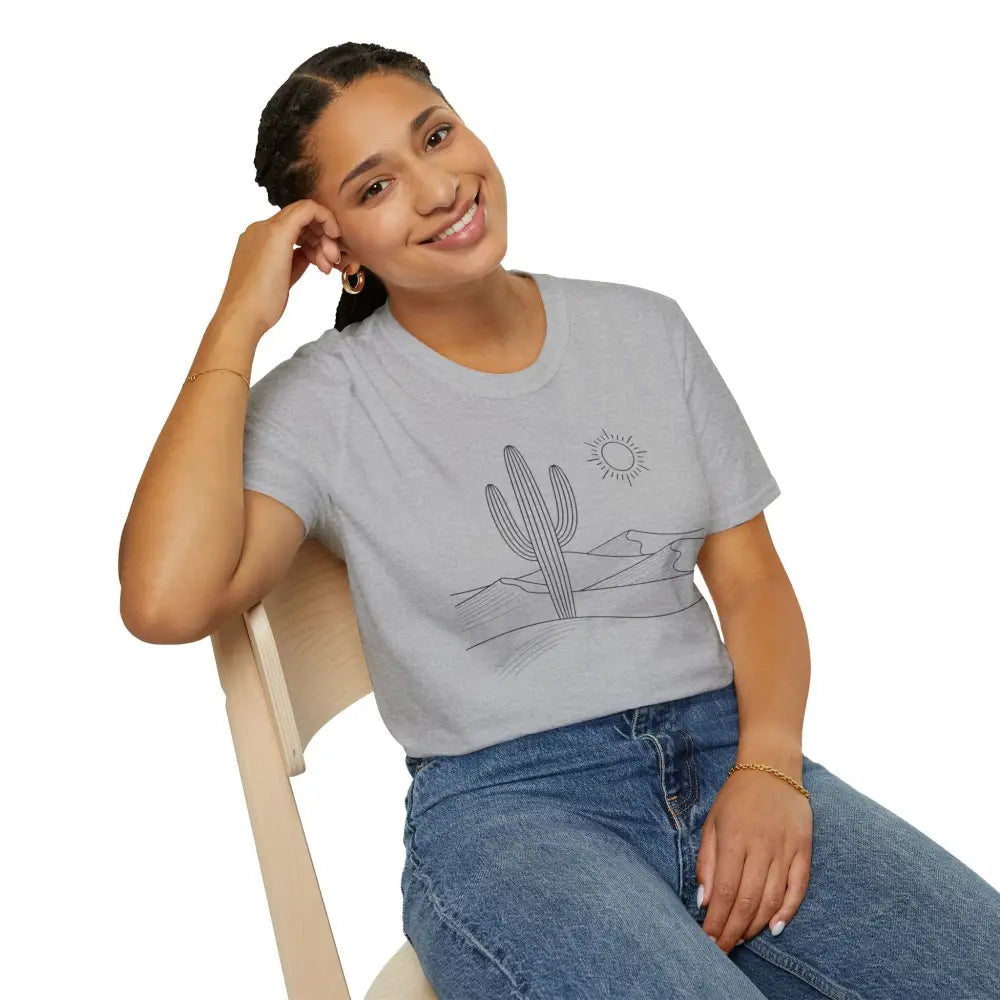Young woman wearing a cactus desert graphic unisex t-shirt with lightweight fabric and elastic ribbed collar